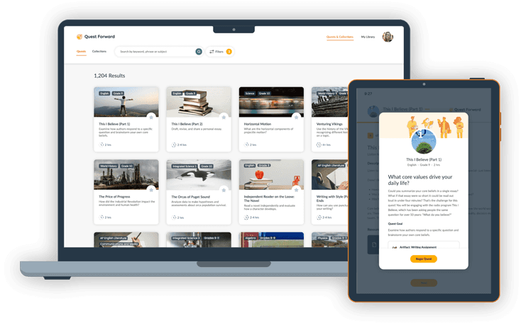 Preview of Quest Forward teacher search interface on a laptop and student quest interface on a tablet